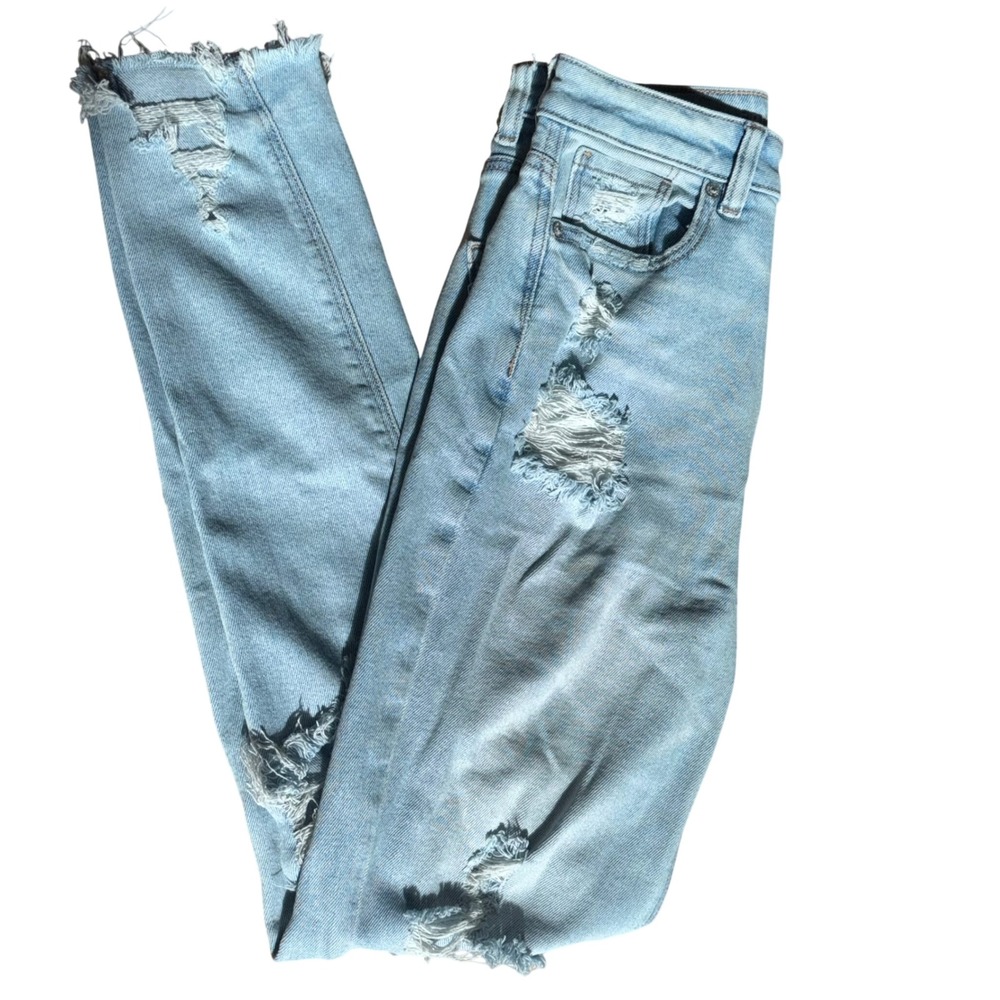 American Eagle Distressed Mom‎ High Rise Skinny Jeans 0 Long Light Wash Stretch